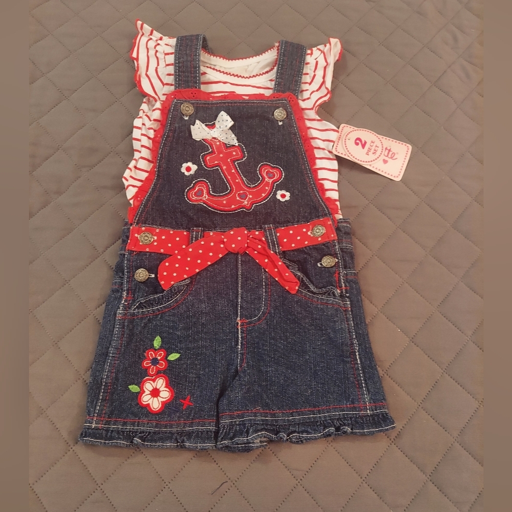 Denim Overalls with Red Accents